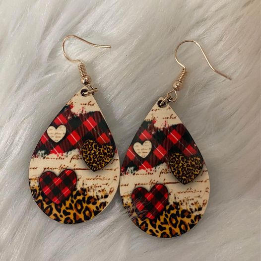 Valentine's Day Heart Leopard Print Teardrop Earrings