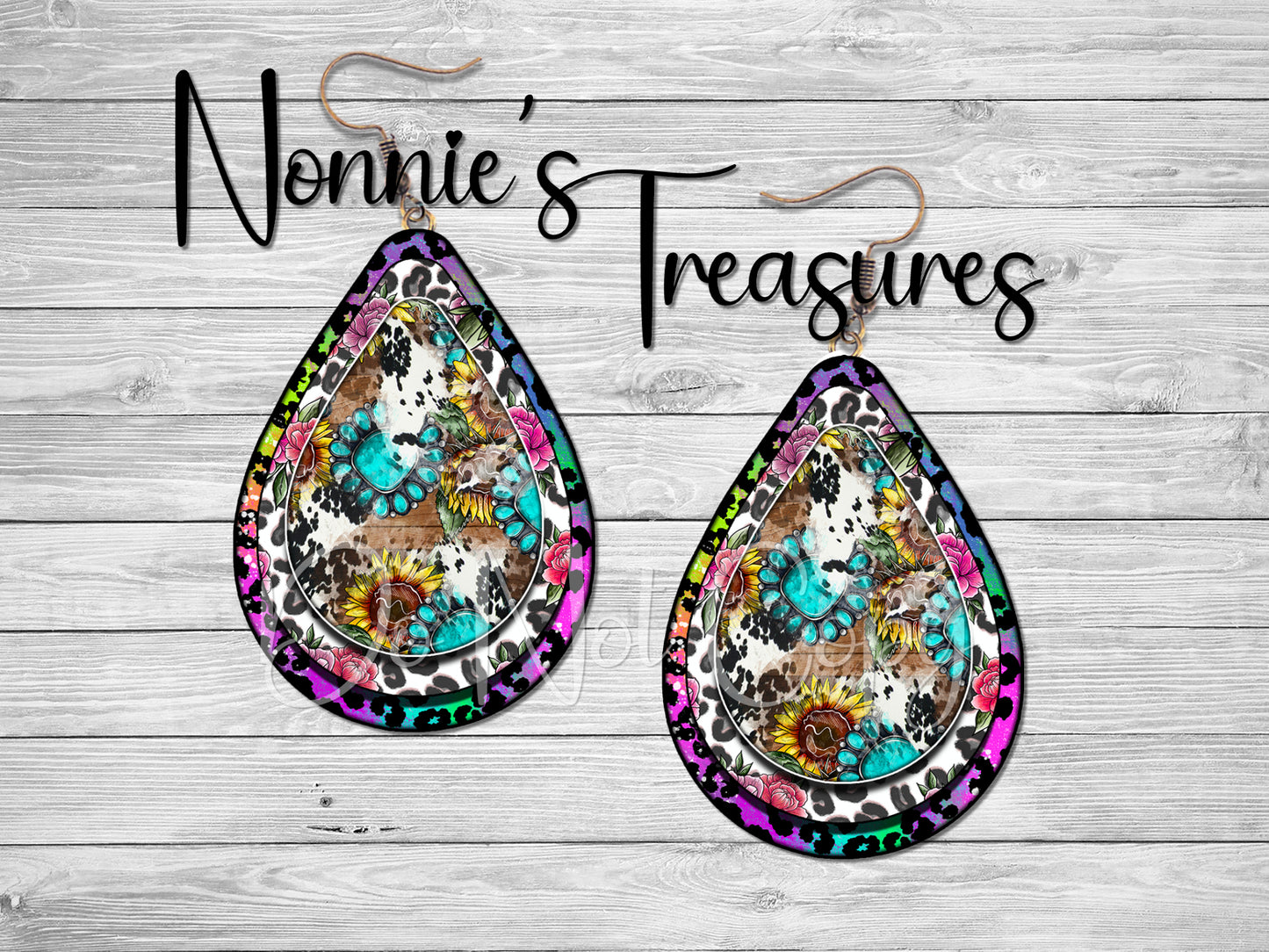Cheetah Leopard Rainbow Cow Skull Sunflower Turquoise 33 Earrings Nonnie's Treasures