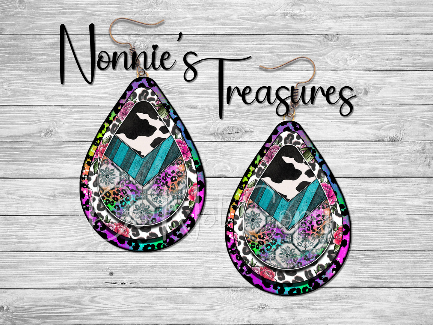 Cheetah Leopard Rainbow cow rustic western flowers 37 Earrings Nonnie's Treasures