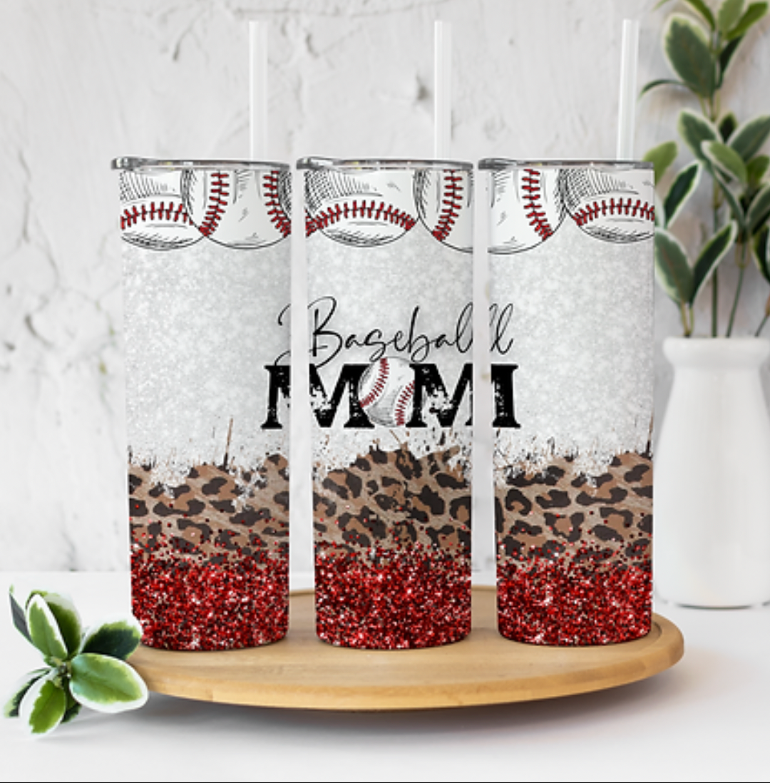 Baseball Mom Cheetah red glitter 20 ounce Sublimation Tumbler BTD