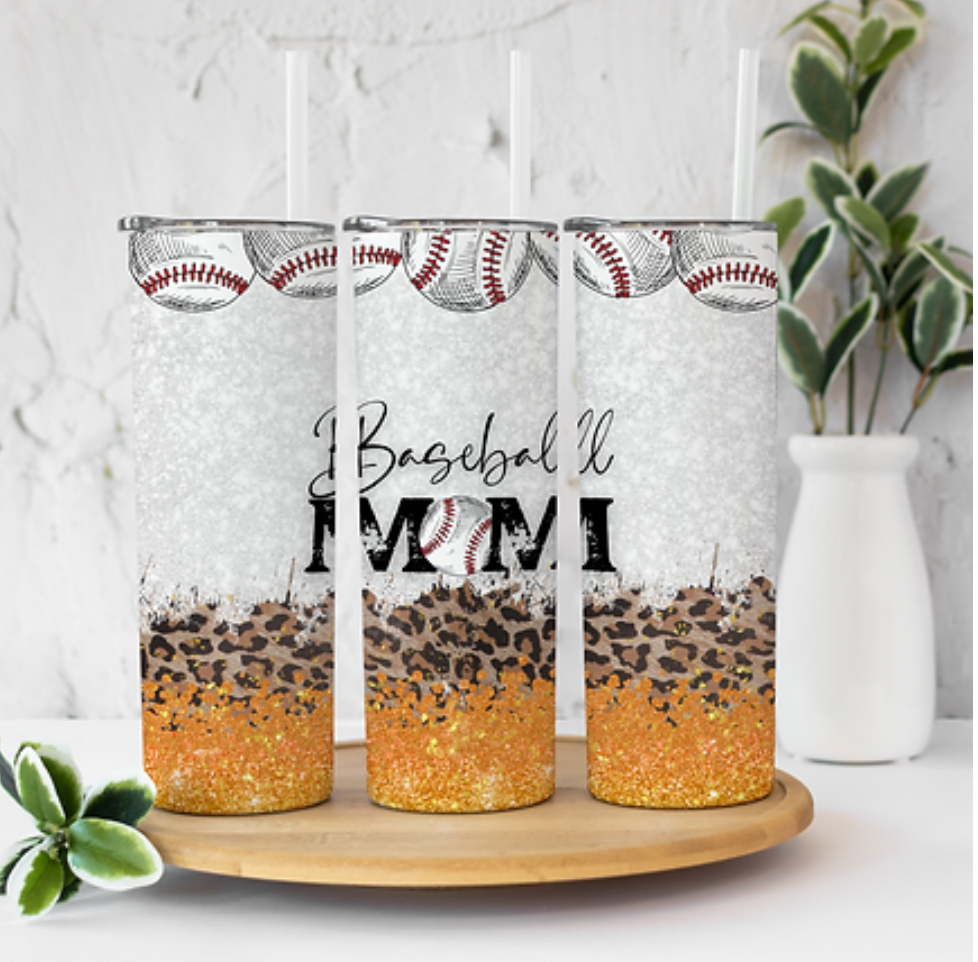 Baseball Mom Orange Glitter Cheetah Leopard 20 ounce Sublimation Tumbler BTD