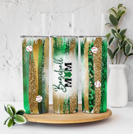 Baseball Mom Green and Gold 20 ounce Sublimation Tumbler BTD