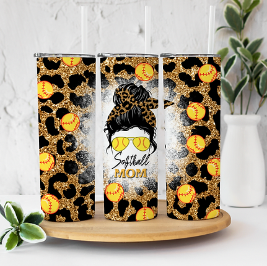 Softball Mom Gold and Leopard 20 ounce Sublimation Tumbler BTD