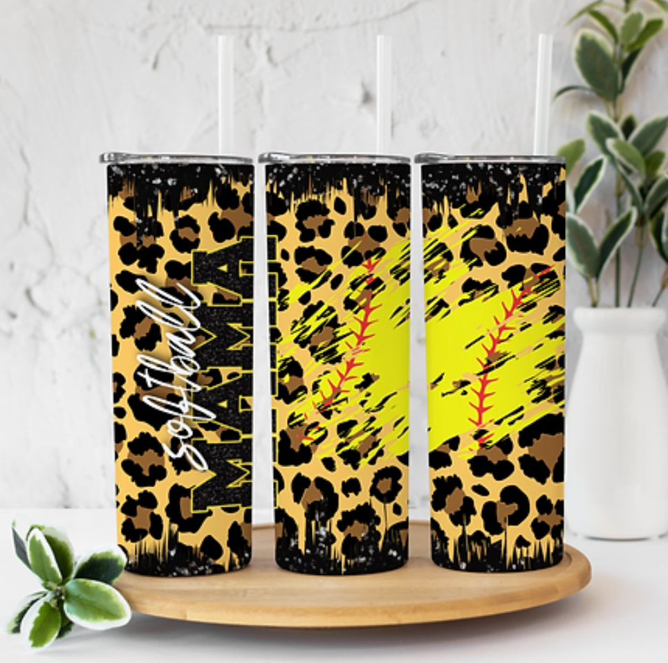 Softball Mama Gold and Leopard 20 ounce Sublimation Tumbler BTD