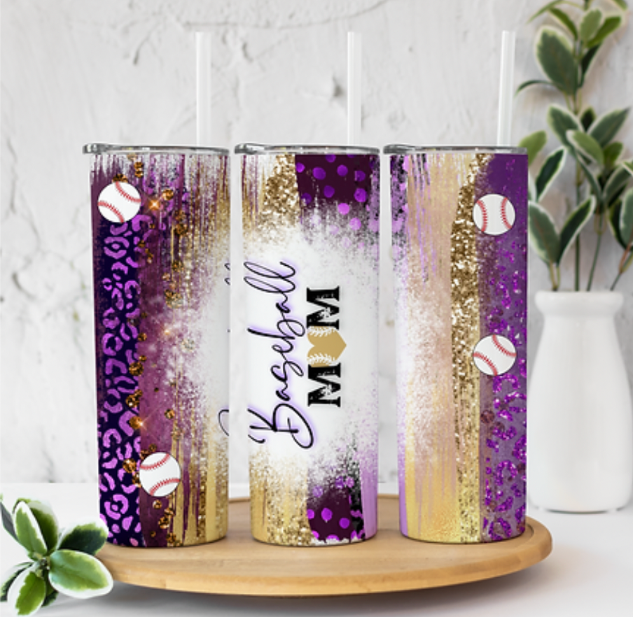 Baseball Mom Purple and Gold 20 ounce Sublimation Tumbler BTD