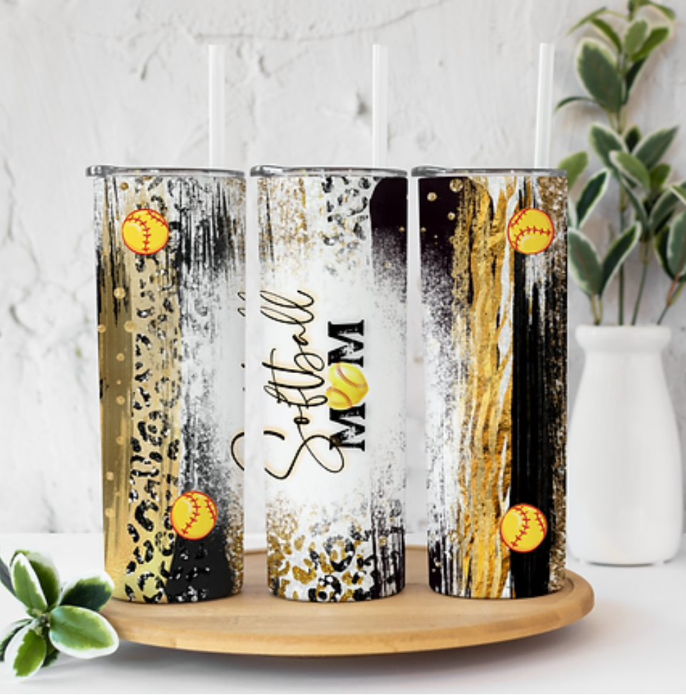 Softball Mom Black and Gold 20 ounce Sublimation Tumbler BTD