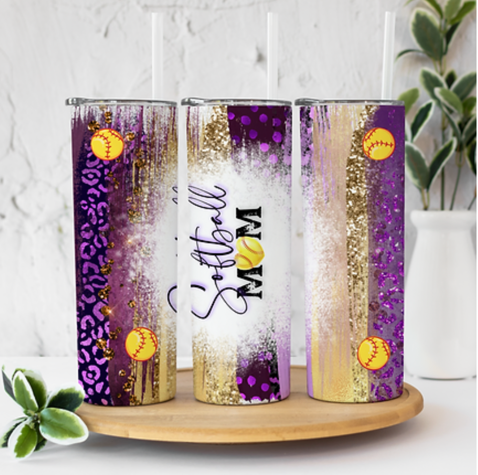 Softball Mom Purple and Gold 20 ounce Sublimation Tumbler BTD