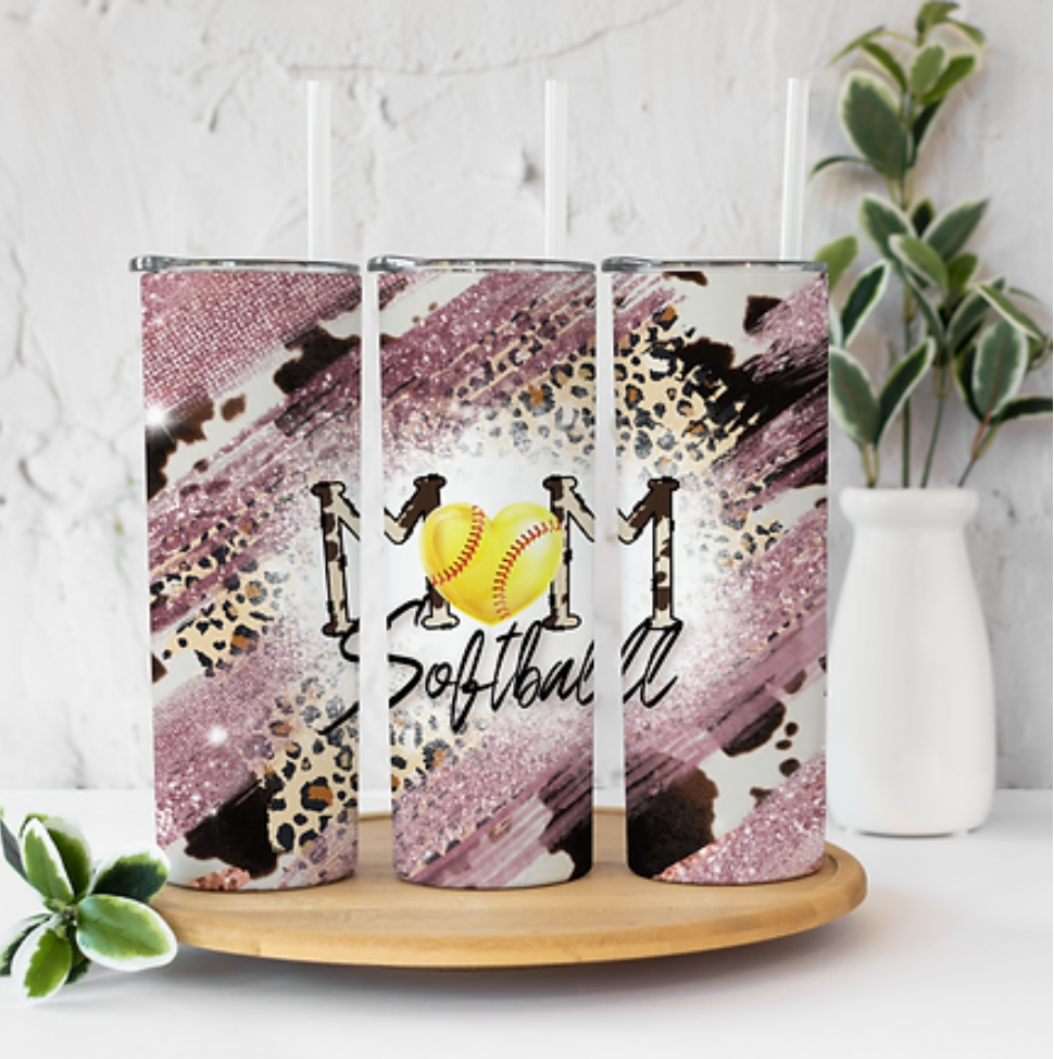Softball Mom Purple Cow and Leopard 20 ounce Sublimation Tumbler BTD