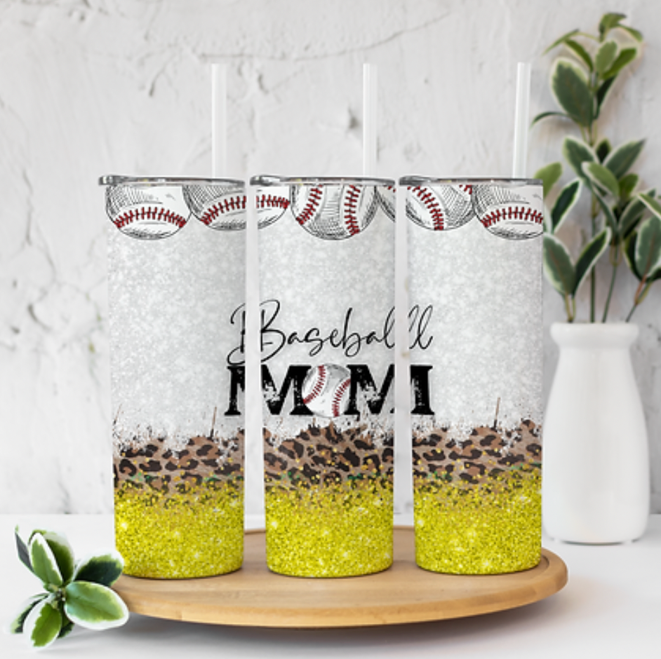 Baseball Mom Yellow Glitter Cheetah Leopard 20 ounce Sublimation Tumbler BTD