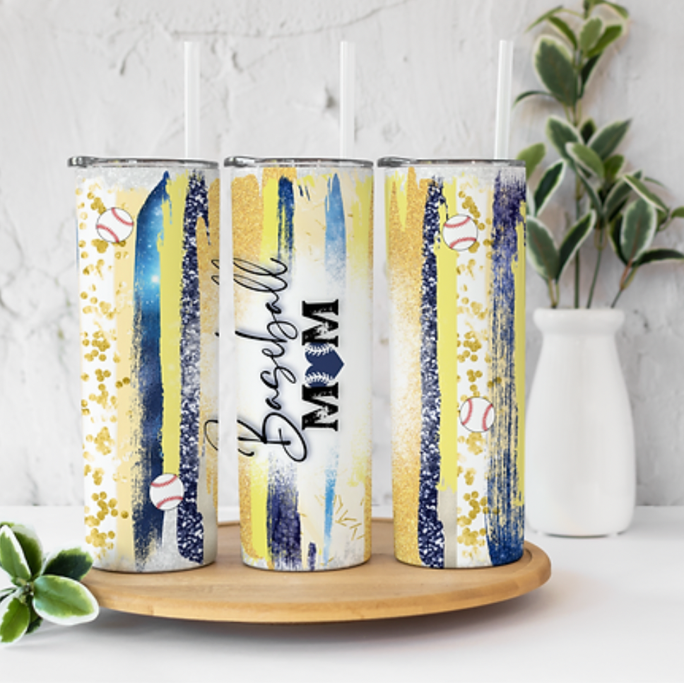 Baseball Mom Blue and yellow Cheetah Leopard 20 ounce Sublimation Tumbler BTD