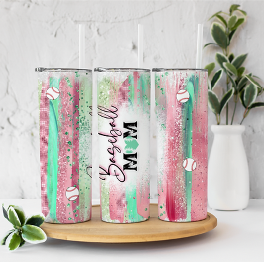 Baseball Mom Pink and Green 20 ounce Sublimation Tumbler BTD