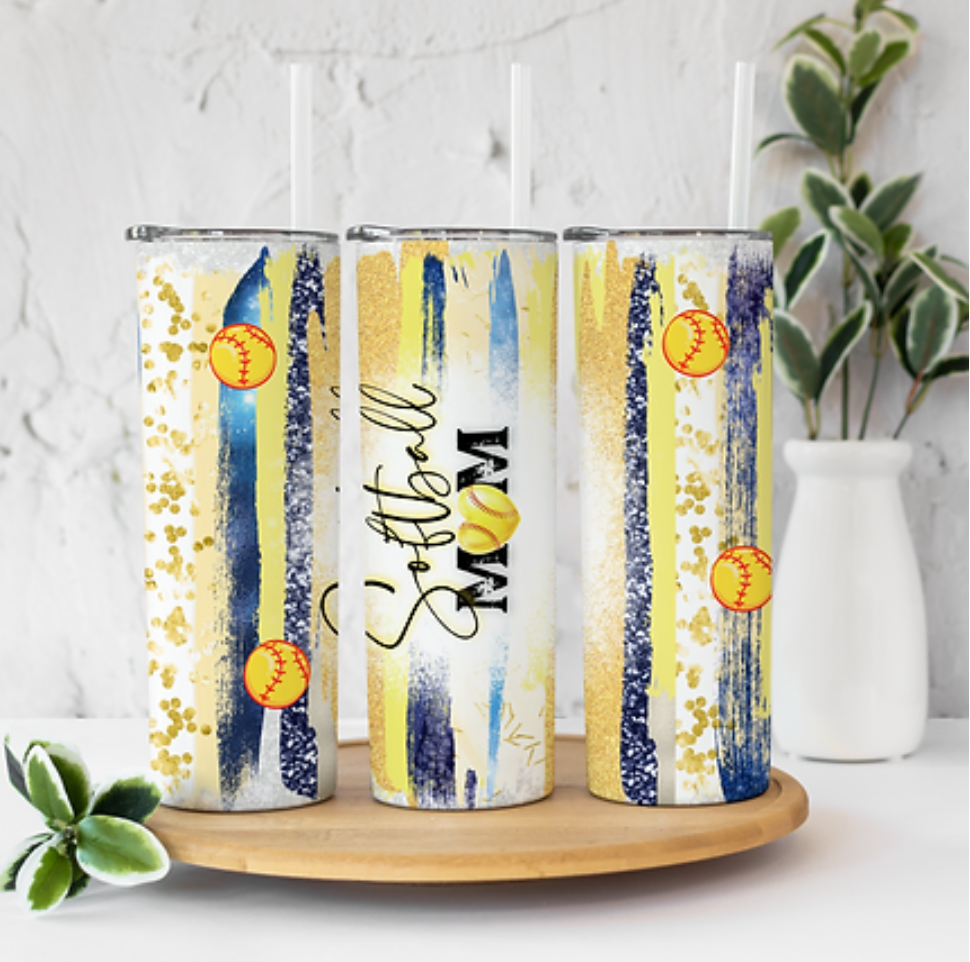 Softball Mom Blue and Yellow 20 ounce Sublimation Tumbler BTD
