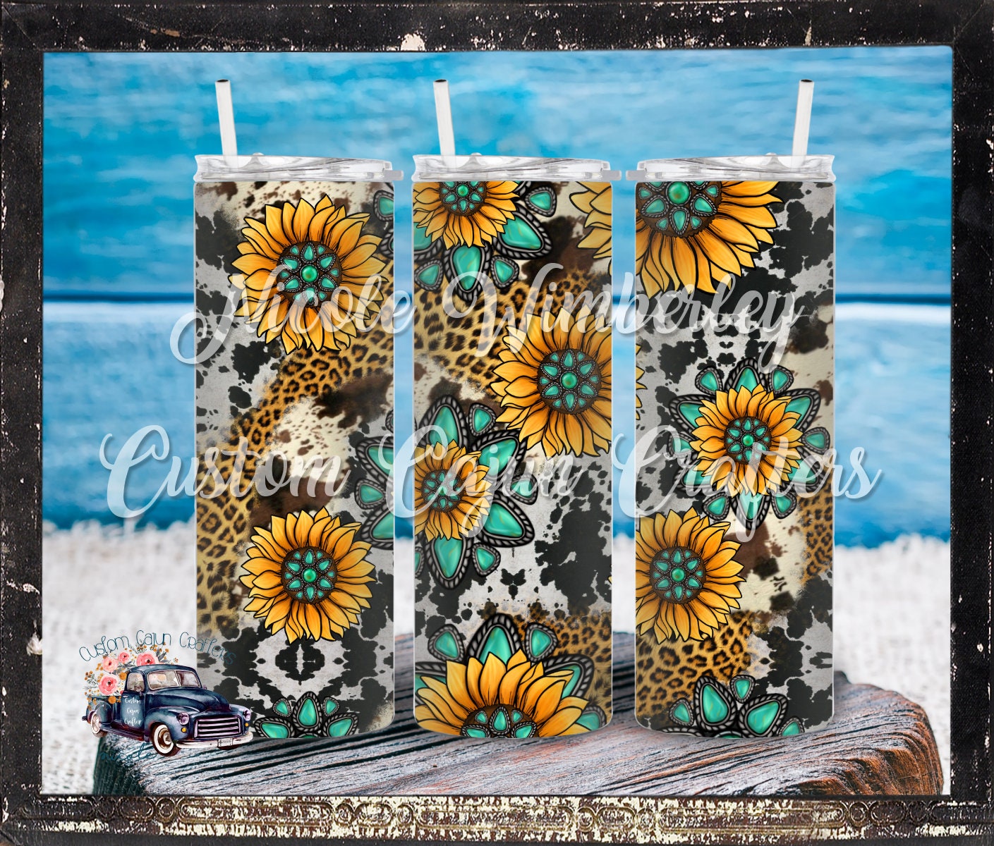 Sunflower/Turquoise Gemstone/Cowhide Sublimation Tumbler