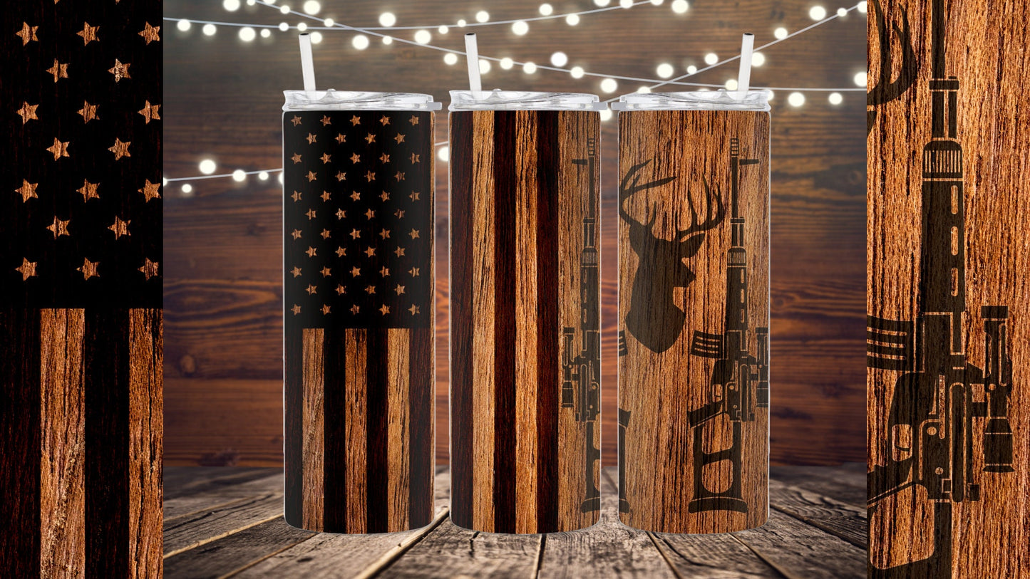 Deer and Flag Woodgrain look 20 ounce Sublimation Tumbler