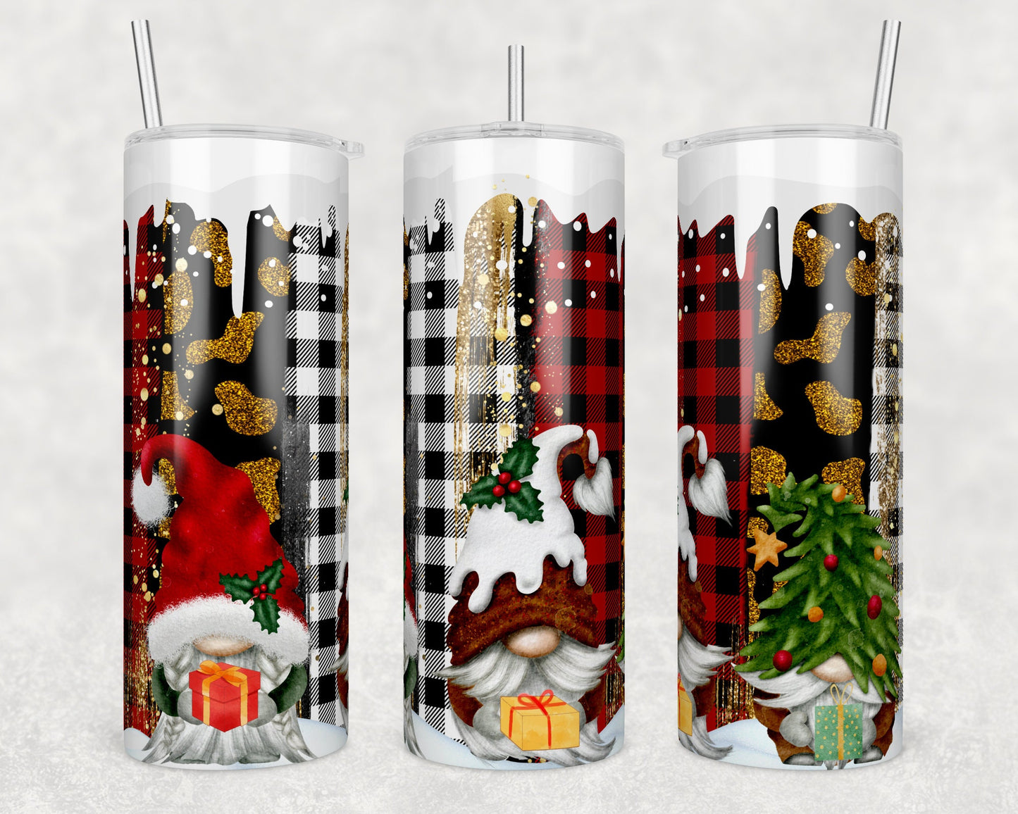 3 Gnomes Plaid Christmas Sublimation Tumbler bdc