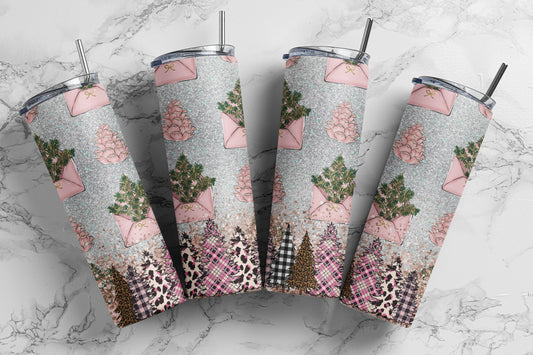 Pink Trees in Envelope Christmas Sublimation Tumbler bdc