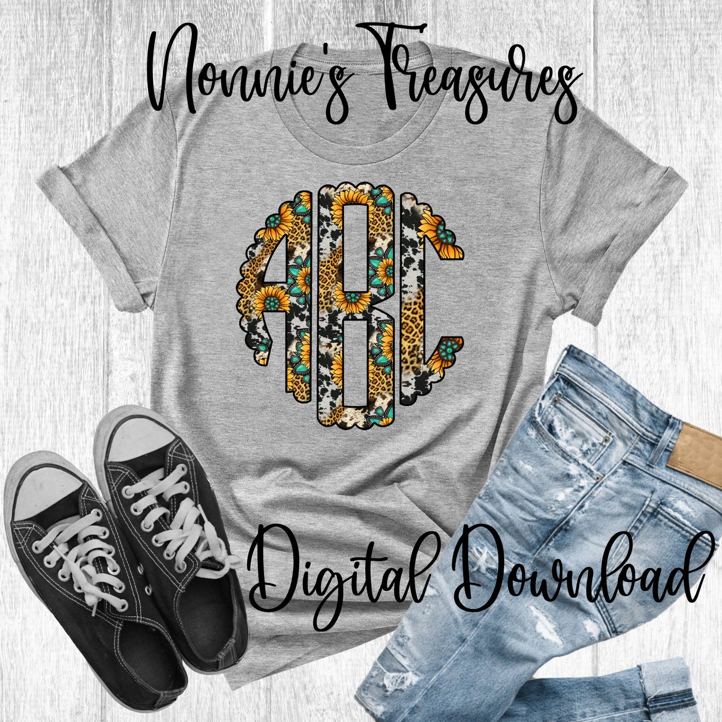 Sunflower Turquoise Leopard Cow Print Monogram Set of 78 Digital Files