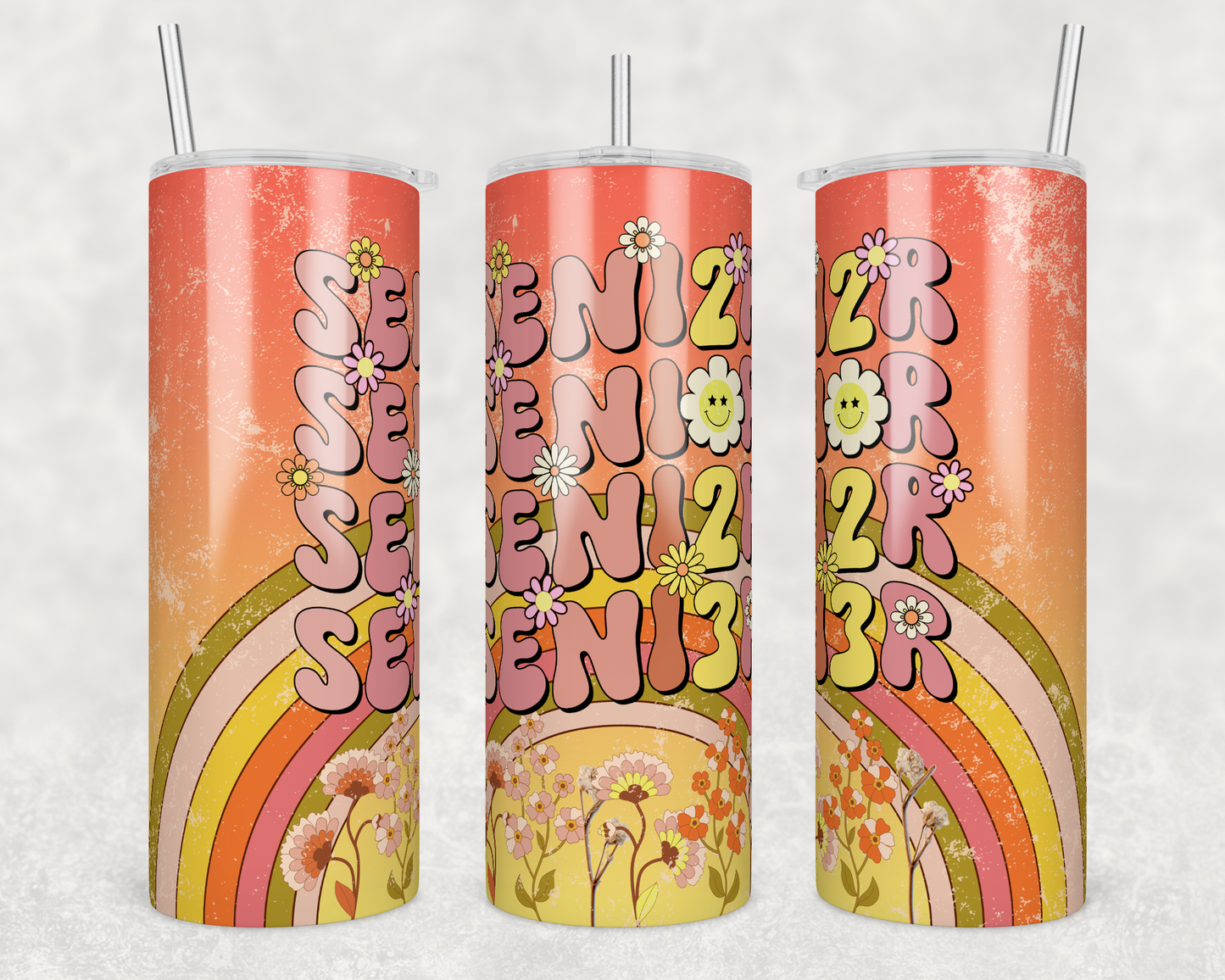 Senior 2023 Retro Flower and Rainbow-Sublimation Tumbler bdc