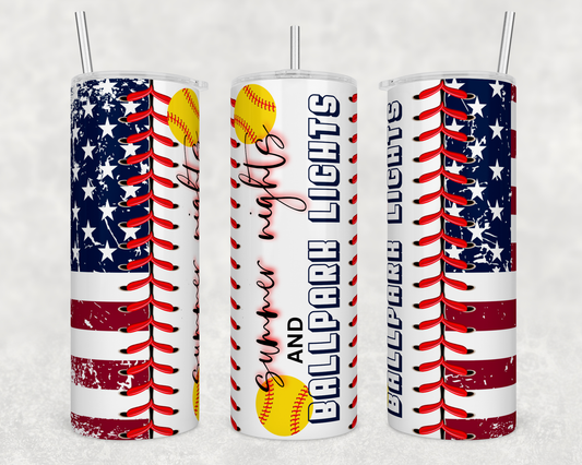 Softball Summer Nights Ballpark Lights Flag 20 ounce Sublimation Tumbler BTD