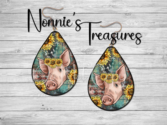 Farm Animals Pig Sunflower Earrings Nonnie's Treasures