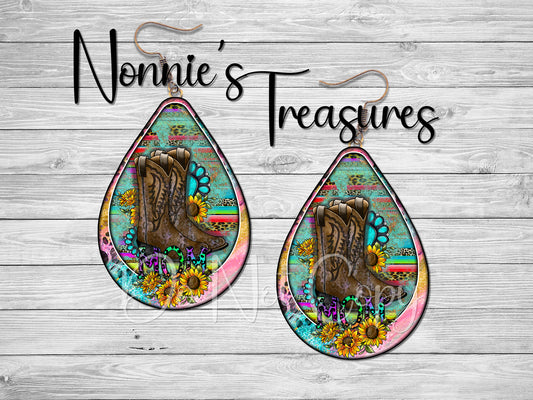 Mom Boots Turquoise Sunflower Cheetah Leopard Serape Earrings Nonnie's Treasures