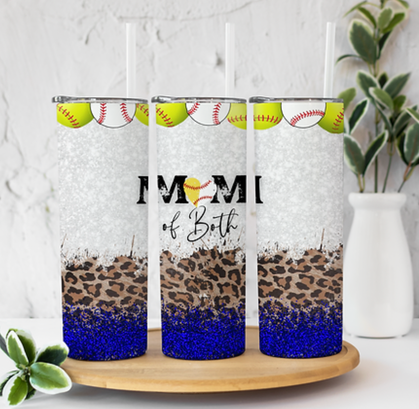 Mom of Both Baseball and Softball Blue Glitter and Leopard 20 ounce Sublimation Tumbler BTD