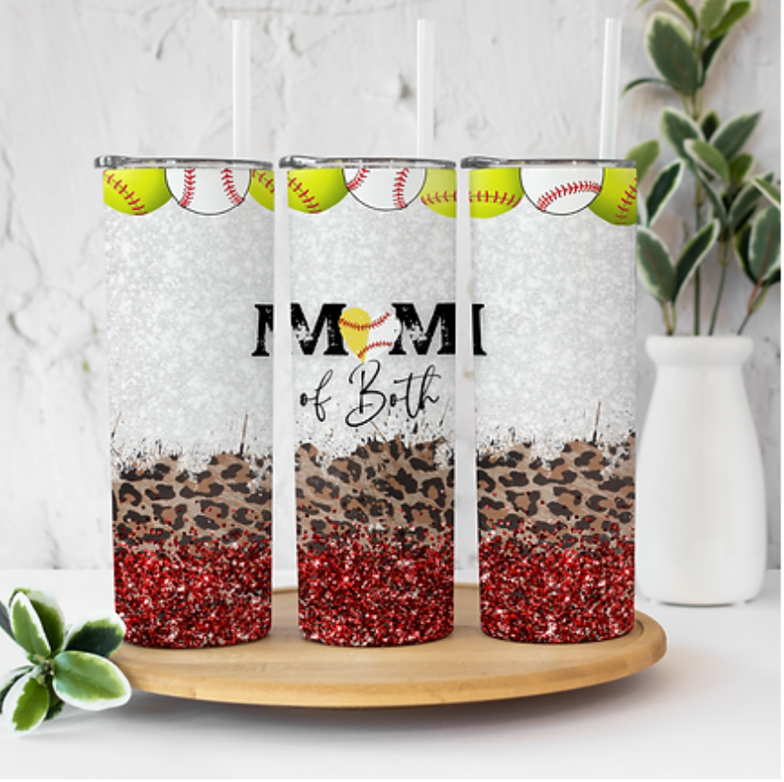 Mom of Both Baseball and Softball Red Glitter and Leopard 20 ounce Sublimation Tumbler BTD